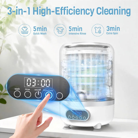 Ultra Compact Cordless Washing Machine, Portable Mini Laundry Spinner For Underwear And Socks, displaying 3-in-1 cleaning modes.
