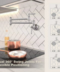 Brushed Nickel Pot Filler Faucet Wall Mount With Double Joint Swing Arms And Two Handles High Flow Brass Stove Faucet For Cold Water Only Eco Friendly Solid Brass Construction installed above stovetop.