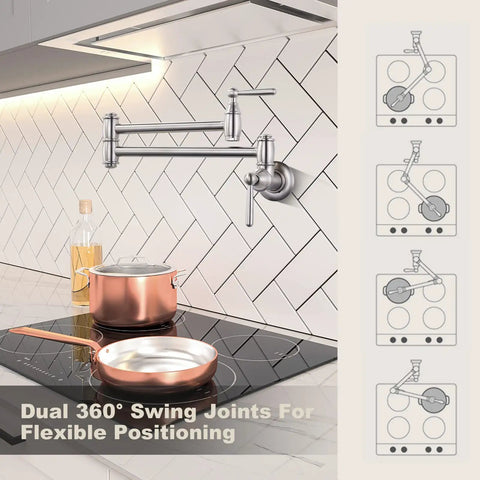 Brushed Nickel Pot Filler Faucet Wall Mount With Double Joint Swing Arms And Two Handles High Flow Brass Stove Faucet For Cold Water Only Eco Friendly Solid Brass Construction installed above stovetop.