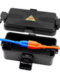 Weatherproof Outdoor Electrical Box IP54 black wall mount cover with open lid, revealing connected extension cords inside.