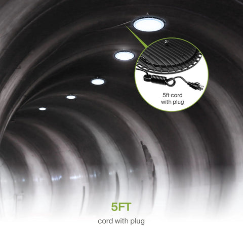 Tunnel lighting with UFO LED High Bay Light 150W Dimmable, 19,479 Lumens, 5000K Daylight, 5ft cord with plug