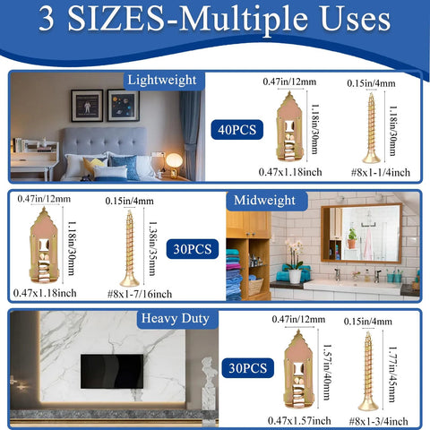 Image showing 3 sizes of Self-Drilling Drywall Anchors With Screws Kit, 100 Pcs Heavy-Duty Zinc Plated Steel for different wall thicknesses.