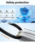 Safety features of Solar Power Bank 20000mAh With Built In Cables Portable Wireless Charger shown on AI technology background.