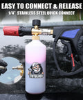 Compact Pressure Washer Gun With 3 Eighths Inch Smooth Swivel And 1 Quarter Inch Quick Connect, shown with foam cannon attachment