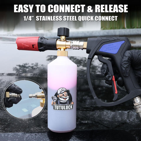 Compact Pressure Washer Gun With 3 Eighths Inch Smooth Swivel And 1 Quarter Inch Quick Connect, shown with foam cannon attachment