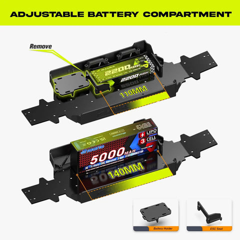 Adjustable battery compartment for 1/10 Scale Brushless Beast Mode Fast RC Car For Adults, with 3S LiPo Battery option.