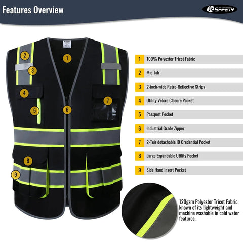 Seven Pocket High Visibility Black Safety Vest With Zipper Front For Men And Women, Hi Vis Reflective Strips, ANSI ISEA Certified