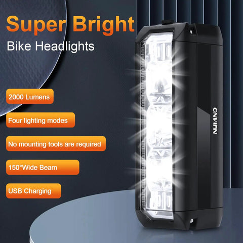 2000 Lumen Rechargeable Bike Headlight With Four LED Modes For Night Riding Durable Aluminum Alloy Body Easy Side Button Control Mounts On Handlebars For MTB Road Bikes And ATV Use against dark background