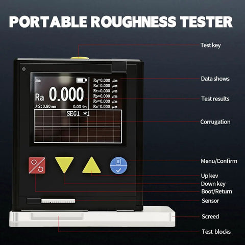 Portable Surface Roughness Tester With Top Notch Precision Handheld Roughness Gauge For Metal And Non Metal Surfaces Measures Ra Rz Rq Rt Rp Rv Rc Across 7 Parameters In Real World Production Settings, front view