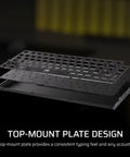 Close-up of Top Shelf Wireless 75 Percent Gaming Keyboard featuring hot swap MLX tactile switches and top-mount plate design.