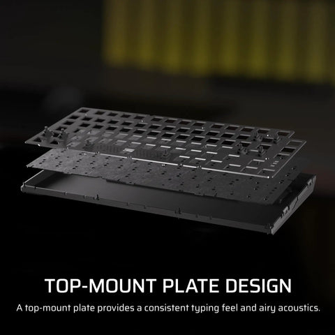 Close-up of Top Shelf Wireless 75 Percent Gaming Keyboard featuring hot swap MLX tactile switches and top-mount plate design.