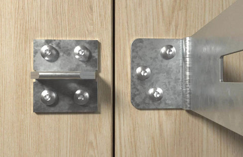 Metal hinge brackets installed on wood surface with screws, showing Power-Fast II 3.5 X 30 Mm Wood Screws Box Pack Of 90 Zinc Plated.