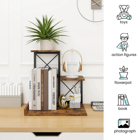 Compact Desk Shelf Organizer Three Tier Storage Riser For Small Desks Rustic Brown Black Finish on desk with books and decor