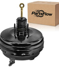 Straight Shooter Vacuum Power Brake Booster Fits Jeep Wrangler Liberty Dodge Nitro 2007 Through 2012 in black steel with a box.
