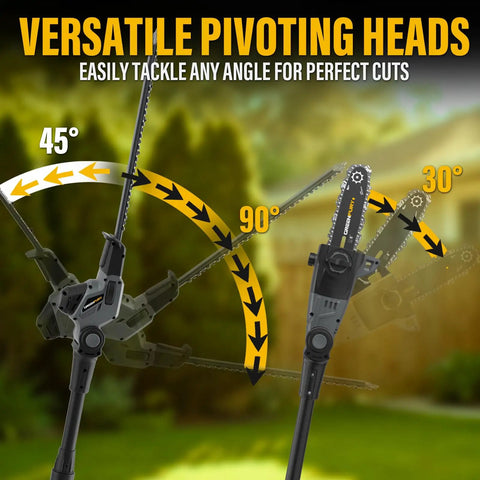 Pro Grade 2 In 1 Cordless Pole Saw And Hedge Trimmer with versatile pivoting heads showcasing various cutting angles