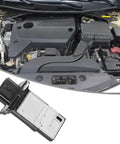 Direct Swap Mass Air Flow Sensor Replacement For 22680-7S00A viewed beside an engine compartment showing installation location.