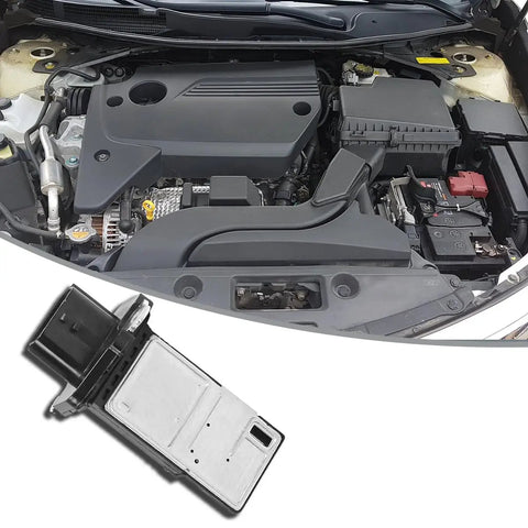 Direct Swap Mass Air Flow Sensor Replacement For 22680-7S00A viewed beside an engine compartment showing installation location.