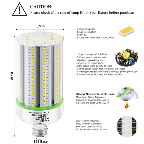 2 Pack 50W LED Corn Bulbs E26 E39 Base 120 277V 5000K Daylight 6500lm Crazy Bright Replaces HID HPS CFL Metal Halide Design