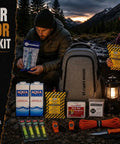 Two Person Premium 72 Hour Grab-and-Go Emergency Survival Kit With Food, Water, First Aid, Tools And Gear For Earthquakes Displayed Outdoors