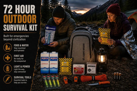 Two Person Premium 72 Hour Grab-and-Go Emergency Survival Kit With Food, Water, First Aid, Tools And Gear For Earthquakes Displayed Outdoors