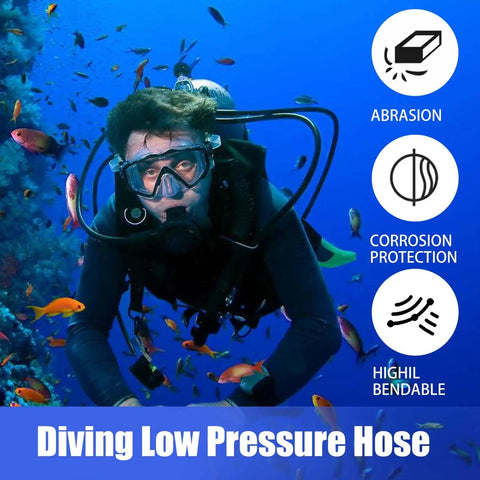 Scuba diver underwater using Premium Rubber Low Pressure Scuba Inflator Hose For Standard BCD, 30 Inch, with fish surrounding.