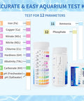Top Shelf 12 In 1 Aquarium Water Test Strips For Fresh And Salt Water Tanks kit displaying test parameters for optimal fish health.