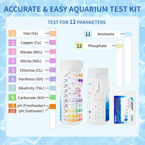 Top Shelf 12 In 1 Aquarium Water Test Strips For Fresh And Salt Water Tanks kit displaying test parameters for optimal fish health.