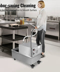 Heavy Duty Commercial Mobile Fryer Oil Filter Cart Wagon With 55 Liter Tank and 14.5 Gallon Capacity Offers Super Fast 550 Watt Filtration Pumping Up To 8.45 Gpm For Deep Fryers Keeping Kitchen Clean in a busy kitchen setting.