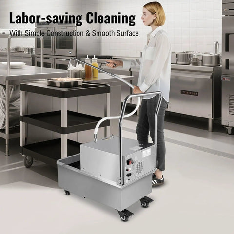 Heavy Duty Commercial Mobile Fryer Oil Filter Cart Wagon With 55 Liter Tank and 14.5 Gallon Capacity Offers Super Fast 550 Watt Filtration Pumping Up To 8.45 Gpm For Deep Fryers Keeping Kitchen Clean in a busy kitchen setting.