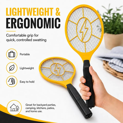 Two Pack Handheld Bug Zapper Racket For Mosquitoes And Insects With 3000V High Voltage Electric Fly Swatter held by a hand