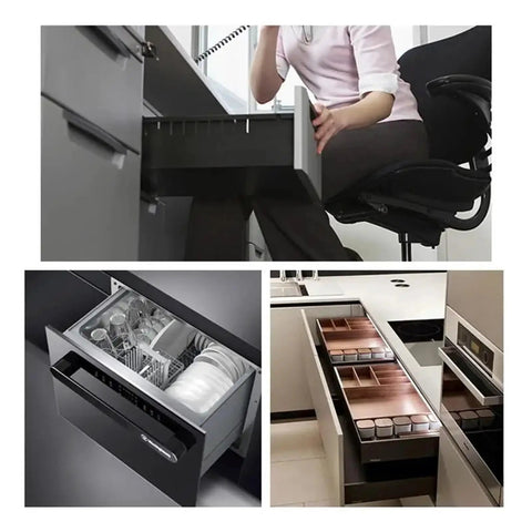 Premium Quality Bottom Mount Drawer Slides Two Pair Hardcore Concealed Under Cabinet Glides in modern kitchen use.