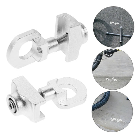 Adjustable Aluminum Alloy Bike Chain Tensioner Tool 2 Piece Set for Folding Bikes shown from different angles on pavement.