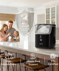 Family enjoying drinks next to Chewable Cafe Style Nugget Ice Maker For Home And Office And RV 33 Lb Per Day Countertop Machine