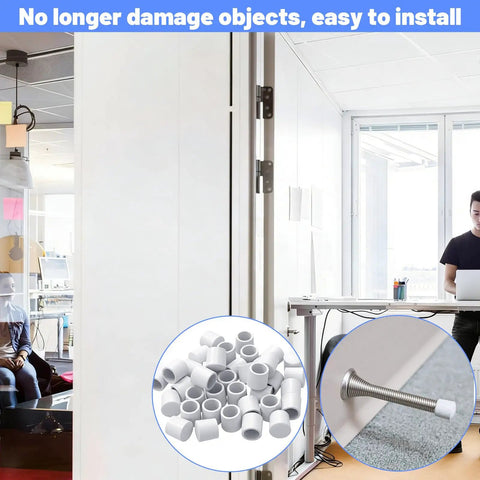 Image shows 40 Pack Rubber Door Stop Tips And Caps 0.39 Inch Replacement Stoppers For Doors And Hinges, Universal White installed on a door hinge.