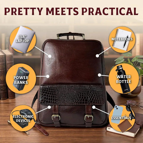Genuine Burgundy Leather Laptop Backpack For Work And Travel On The Go with storage for laptop, notebooks, and more.