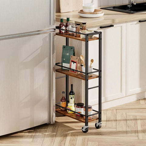 Slim Rolling Cart On Wheels For Small Spaces Mobile Kitchen Cart With Narrow Design Three Tier Wooden Service Cart For Bathroom Laundry Or Living Room Rustic Brown Finish With Open Shelves And Guard Rails For Secure Storage
