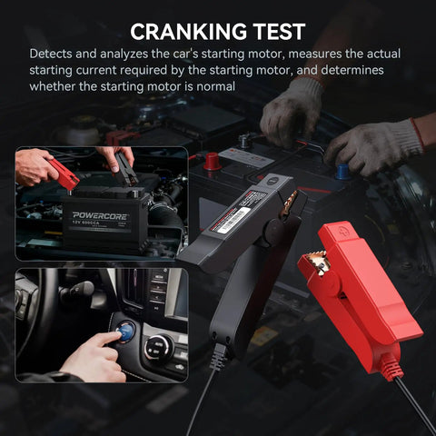 BT900 Wireless Bluetooth Battery Tester Clip For Cars Trucks Motorcycles ATVs SUVs Boats And Yachts 100-2000 CCA Load 9V-30V Range Battery Health Cranking And Charging Tests With Kickass Bluetooth Readouts, black and red clamps on car battery
