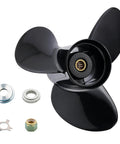 Beefed Up Aluminum Boat Propeller For Mercury And Mercruiser Sterndrives With 14 And A Half Inch Diameter And 19 Pitch Three Blade Design Ideal For 135 To 300 HP Right Hand Rotation Includes Hub Kit And 15 Spline, showing black propeller and included components.