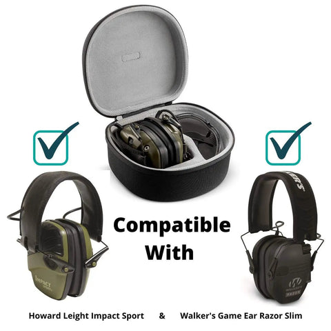 Hard EVA Travel Case For Howard Leight Impact Sport Earmuffs And Genesis Safety Glasses, open to show earmuff storage, compatible display