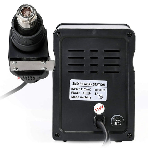 Back view of 858D SMD Rework Station With Hot Air Gun 700W Soldering Desoldering Kit showing power input and 110V label