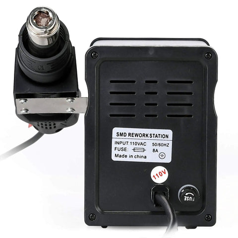 Back view of 2 In 1 SMD Soldering Iron And Hot Air Rework Station With LED Display 110V, 898D Kit showing input and fuse details