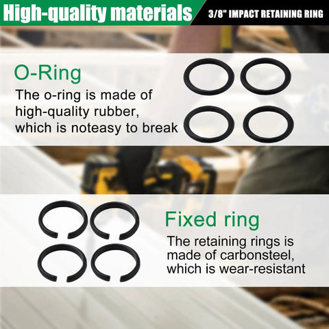 20 Pack 3/8 In Impact Wrench Friction Retaining Ring Kit With O Rings And Anvil Socket Dead Nuts. O-rings and fixed rings displayed.