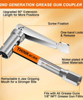 90 Degree Grease Gun Coupler With No Fuss 360 Degree Swivel And Quick Release 12000 PSI Fitting For All Grease Guns One Eighth Inch NPT Easy Lock On Tip with visible retractable 4-jaw gripping mouth and screw fixation mechanism.