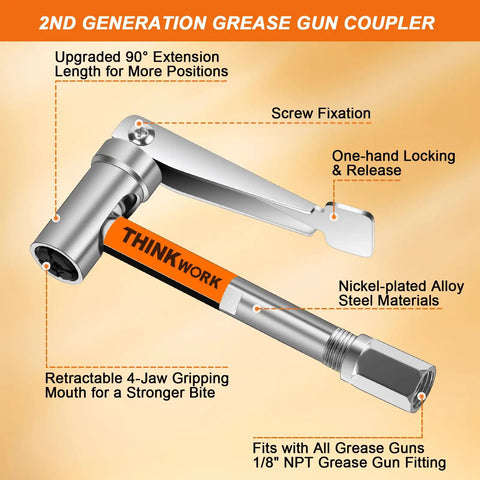90 Degree Grease Gun Coupler With No Fuss 360 Degree Swivel And Quick Release 12000 PSI Fitting For All Grease Guns One Eighth Inch NPT Easy Lock On Tip with visible retractable 4-jaw gripping mouth and screw fixation mechanism.