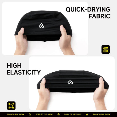 Hands holding black cooling sweat wicking head wrap showcasing quick-drying fabric, high elasticity for under helmets, Three Pack Skull Caps For Men And Women, Stay Cool With Cooling Sweat Wicking Head Wraps For Welding And Cycling, Fits Under Helmets, Soft Durable Stretch Fabric, Moisture Absorbing, Breathable And Comfortable All Day.