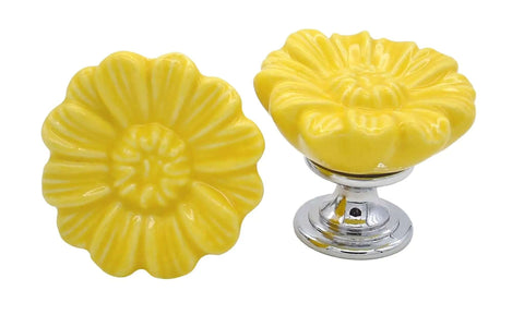 Fresh Vibes Vintage Daisy Drawer Knobs And Cabinet Pull Handles In Cheerful Yellow Ceramic With Solid Zinc Backplates Includes Six Pieces Plus Easy Install Screws For Quick Bedroom Kitchen Closet Furniture Refresh And Seriously Chic Home Decor Glow Up, set of yellow ceramic flower knobs on silver bases.