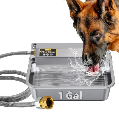 Hassle Free One Gallon Automatic Dog Water Dispenser Stainless Steel Self Filling Bowl with dog drinking water.