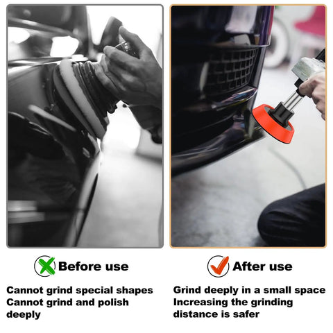 Showcasing Beefy Three Piece Angle Grinder Extension Shaft Set With Rock Solid 5/8 To 11 Thread Fit for auto detailing before and after use.