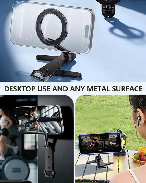 Universal Magnetic Golf Cart Phone Holder With 360 Degree Rotating Mount displaying foldable arms for desktop or metal use.