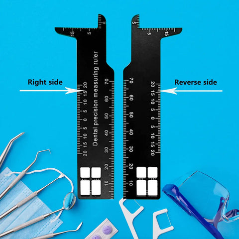Pro Grade Dentist Precision Ruler For Endodontics, Black Stainless Steel Scale Tool, Compact Handheld Metric Ruler For Accurate Dental Measurements And Assessments, shown front and back